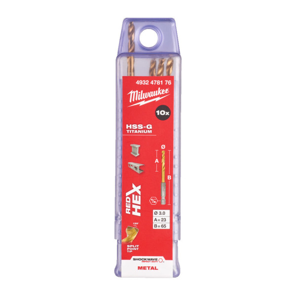 Свердло по металу RedHEX SHOCKWAVE HSS-TiN MILWAUKEE, діаметр 3,0х65х23мм, (10шт), пластикова коробка Свердло по металу RedHEX SHOCKWAVE HSS-TiN MILWAUKEE, діаметр 3,0х65х23мм, (10шт), пластикова коробка