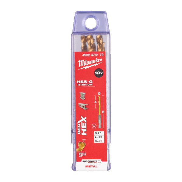 Свердло по металу RedHEX SHOCKWAVE HSS-TiN MILWAUKEE, діаметр 4,5х76х29мм, (10шт), пластикова коробка Свердло по металу RedHEX SHOCKWAVE HSS-TiN MILWAUKEE, діаметр 4,5х76х29мм, (10шт), пластикова коробка