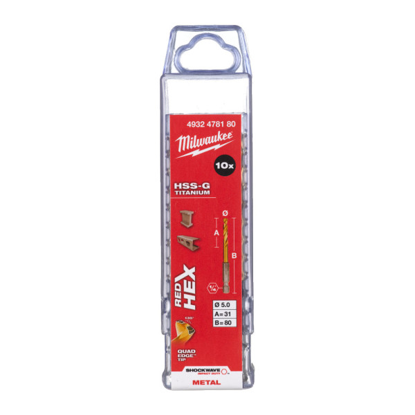Свердло по металу RedHEX SHOCKWAVE HSS-TiN MILWAUKEE, діаметр 5,0х80х31мм (10шт), пластикова коробка