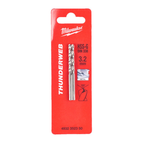 Свердло по металу THUNDERWEB HSS-G MILWAUKEE DIN338, діаметр 3,2x65х36мм, (2шт) Свердло по металу THUNDERWEB HSS-G MILWAUKEE DIN338, діаметр 3,2x65х36мм, (2шт)