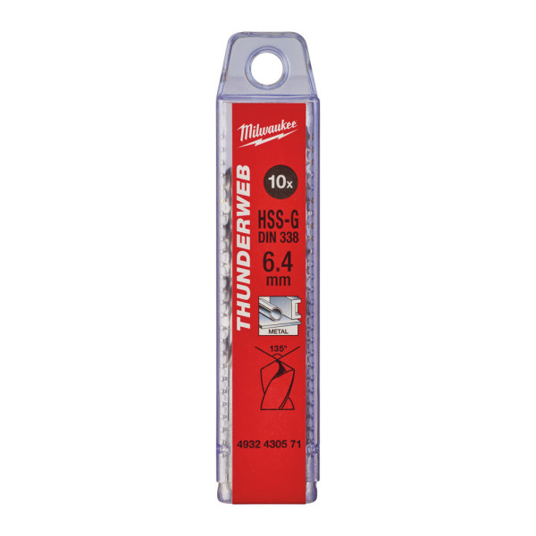 Свердло по металу THUNDERWEB HSS-G MILWAUKEE DIN338, діаметр 6,4x101х63мм, (10шт), пластикова коробка
