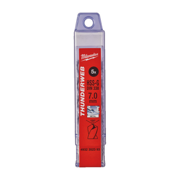 Свердло по металу THUNDERWEB HSS-G MILWAUKEE DIN338, діаметр 7,0x109х69мм, (5шт), пластикова коробка