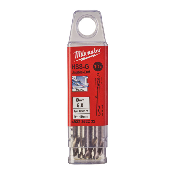 Свердло по металу HSS-G MILWAUKEE, DIN 1412 C, діаметр 5,0х62х18мм, двостороннє, (10шт), пластикова коробка